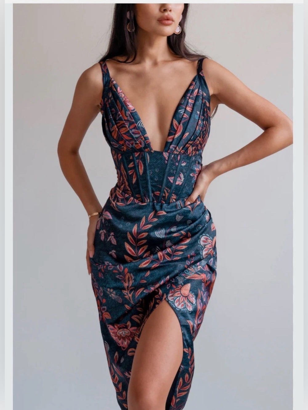 Averie Floral V-Neck Navy & Coral Sleeveless Dress